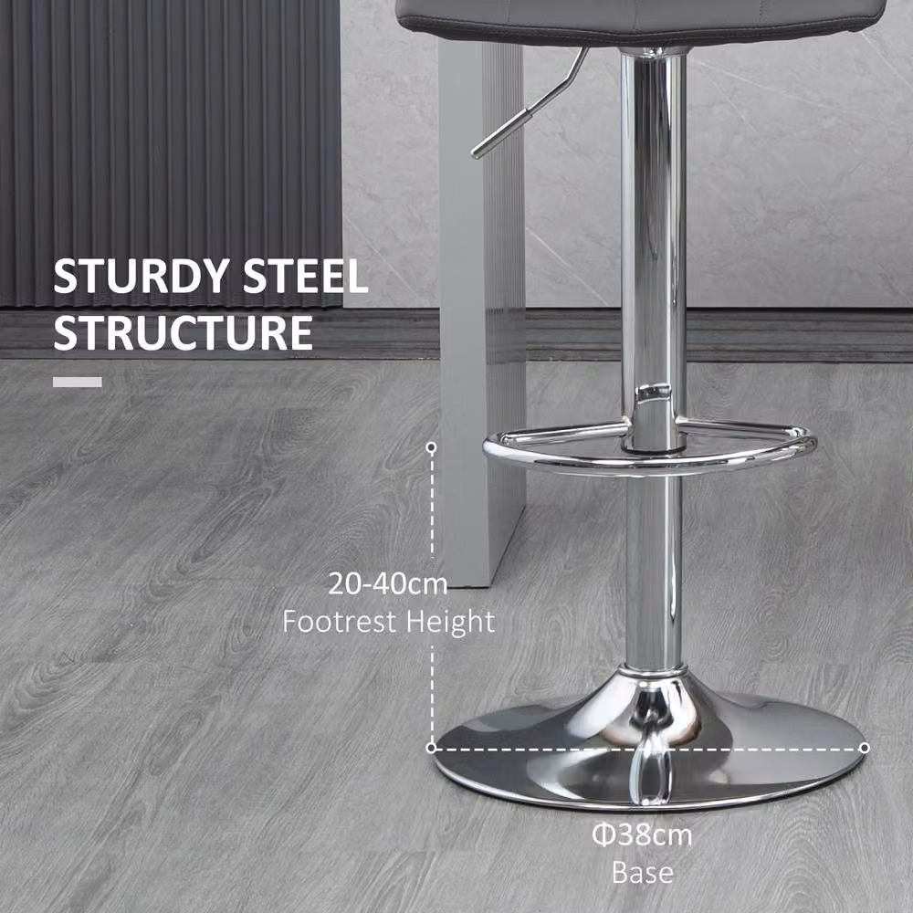 STILVORA Set of 2 Adjustable Height Swivel Bar Stools in Grey Synthetic Leather with Metal Base – 5
