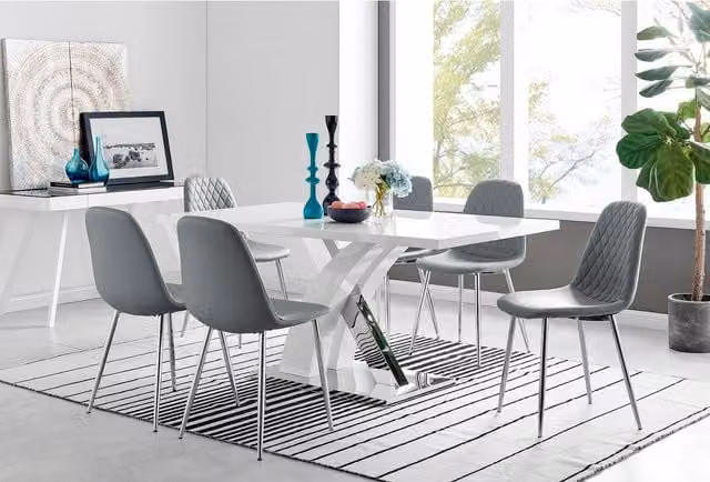 FurnitureboxUK Atlanta Modern High Gloss White Rectangular Dining Table and 6 Corona Silver Chairs Set in Grey