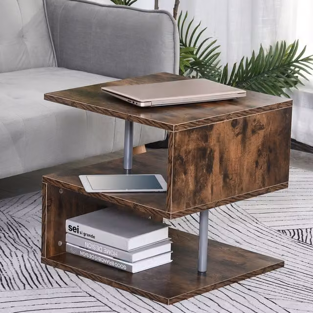 HOMCOM Modern Brown Side Coffee Table with Tray and Metal Frame