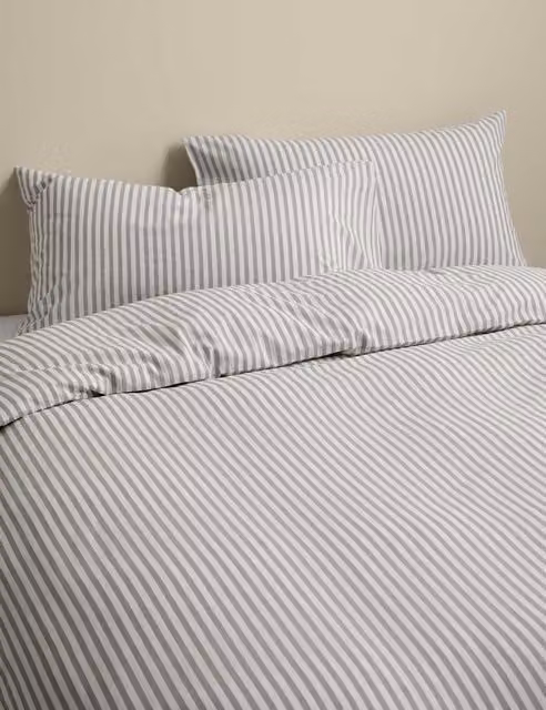 M&S Grey Cotton Blend Striped Bedding Set, W/D/H: 90 x 190 cm