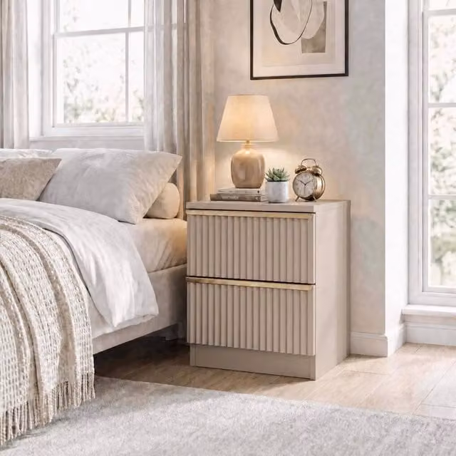 FWStyle Modern 2 Drawer Bedside Table in Beige with Scalloped Ripple Effect