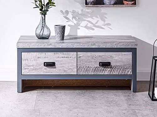 GFW Boston Grey Wood Effect 2 Drawer Coffee Table with Industrial Design, W/D/H: 103 x 48 x 35.5 cm