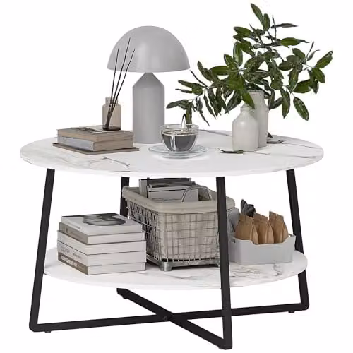 HOMCOM 2-Tier Round Coffee Table with Storage Shelf, White – 1