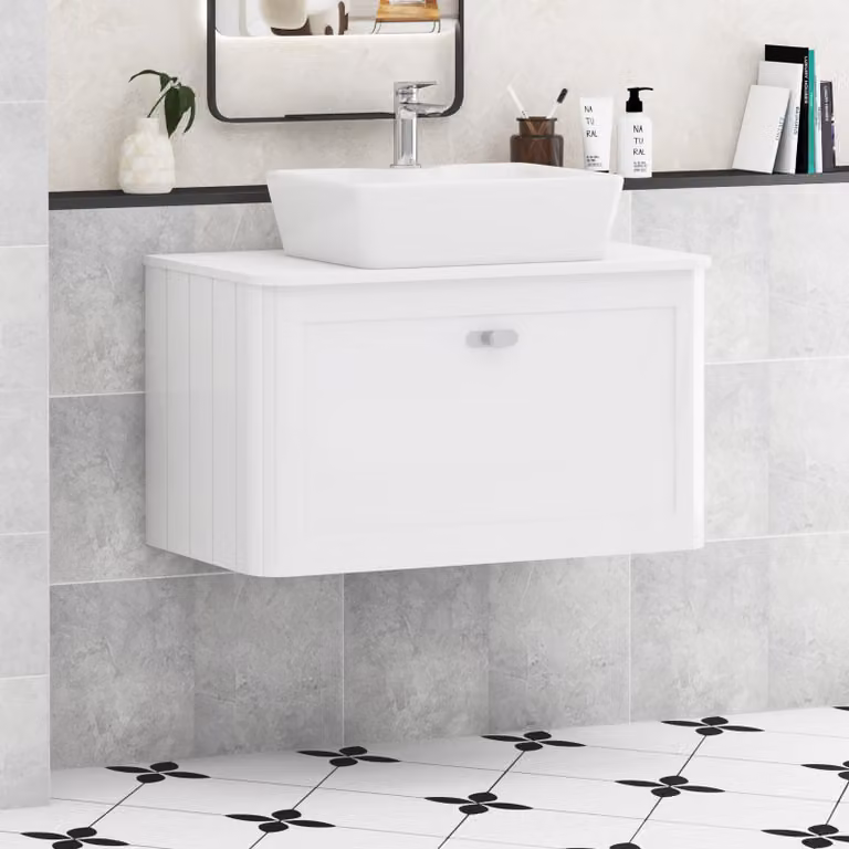 Royal Bathrooms Henley 800mm Gloss White Wall Hung Vanity Unit with Cube Basin and Plain White Worktop