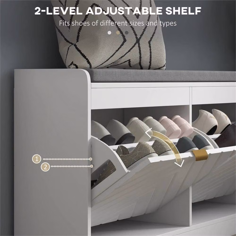 Nordara Modern White and Gold Shoe Bench with Fabric Cushion and 2 Flip Drawers for your Hallway – 4