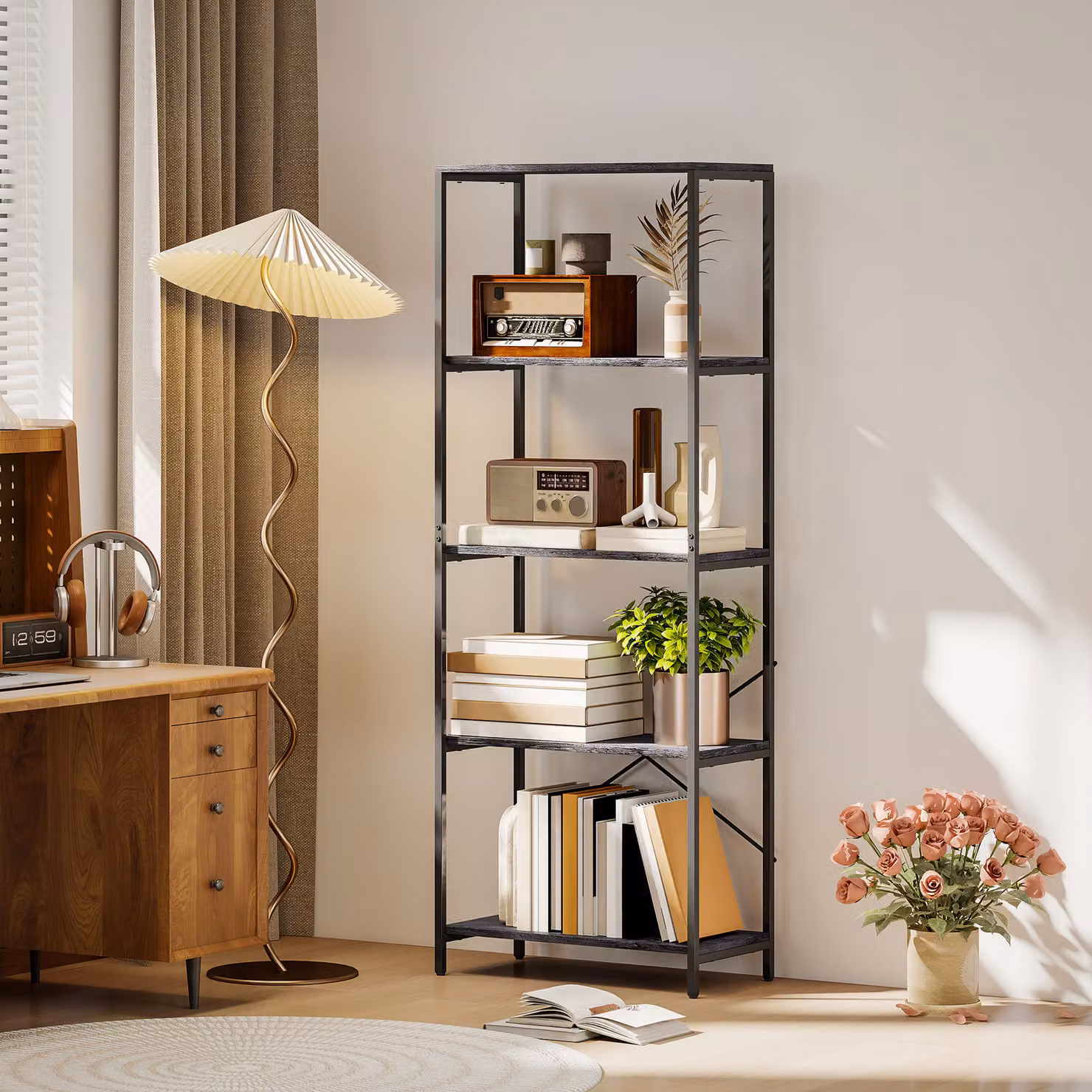 HOMCOM 5-Tier Industrial Bookshelf with Metal Frame in Dark Grey and Black – 2