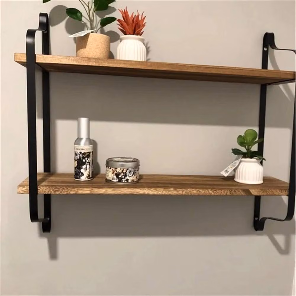 EONLION 2-Tier Rustic Wood and Metal Wall Mounted Hanging Shelves with Rod, Brown, W: 50 cm – 4