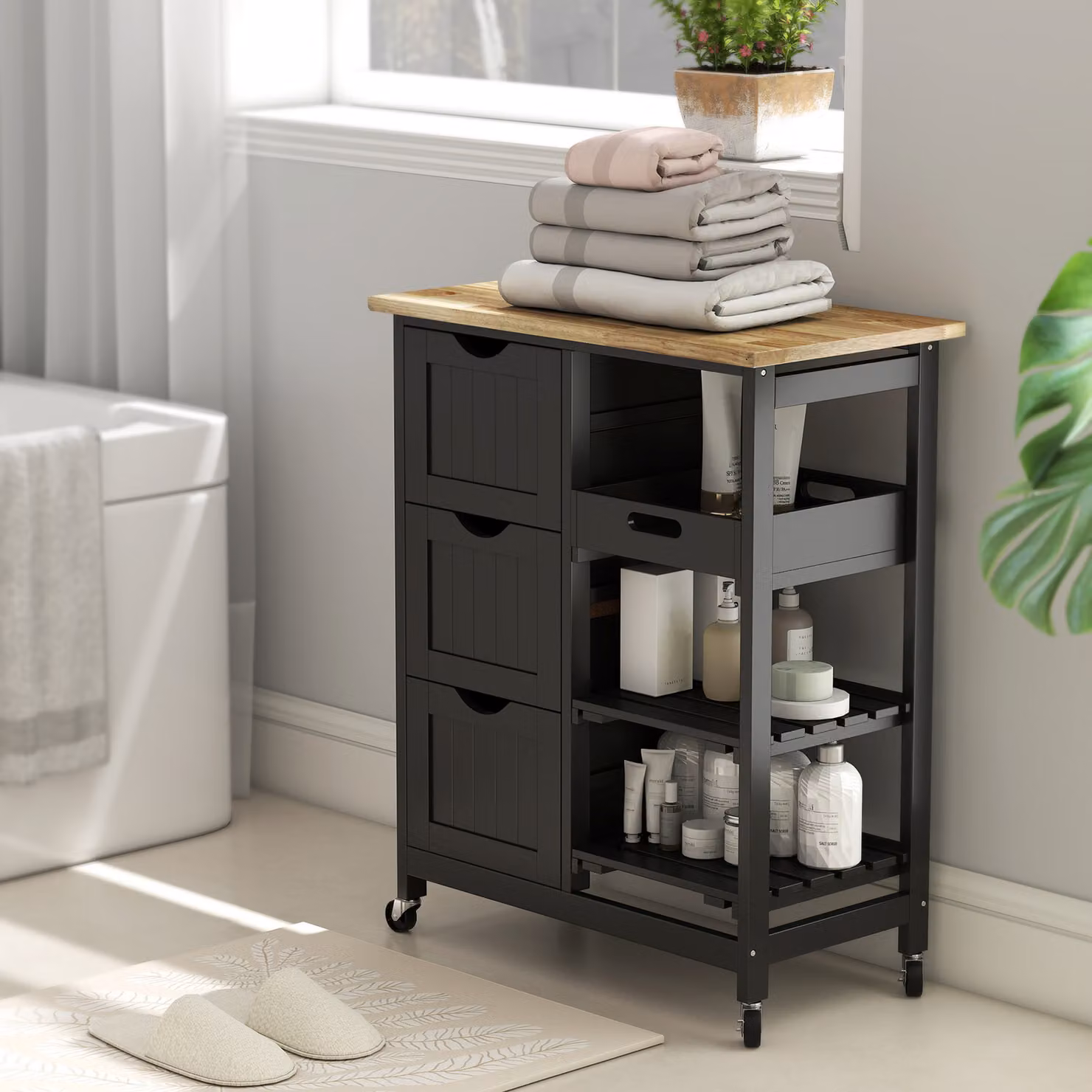 HOMCOM Black Rolling Kitchen Island Cart with Wood Top, Shelves and Drawers – 9