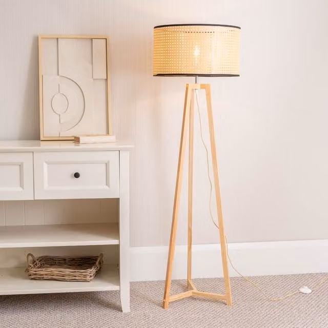 ValueLights Lottie Natural Wood Tripod Floor Lamp with Beige Rattan Cylinder Shade, H 158 x W 45 x D 45 cm