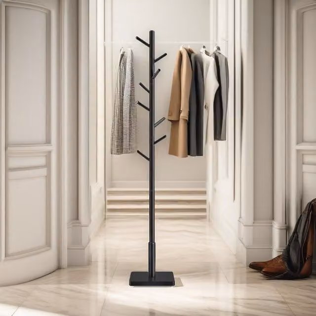 FURNOS Black Lacquered Rubberwood Coat Stand with 8 Hooks and Square Base