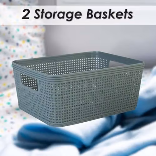 VFM e-Store Basketweave Storage Baskets, 2 Pack, Green, W: 24 cm, H: 11 cm, D: 11 cm – 3