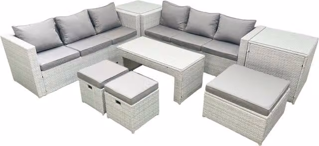 Fimous 9 Seater Rattan Garden Furniture Set in Light Grey with Oblong Coffee Table, 3 Footstools and 2 Side Tables