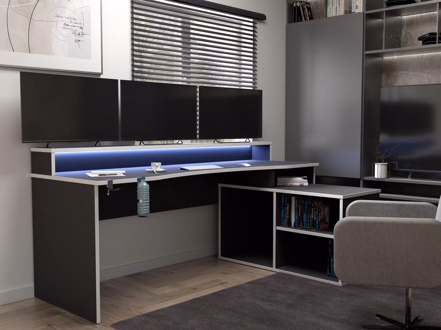 Furniture To Go Loadout Black Gaming Desk with 3 Shelves and Colour Changing LED – 3