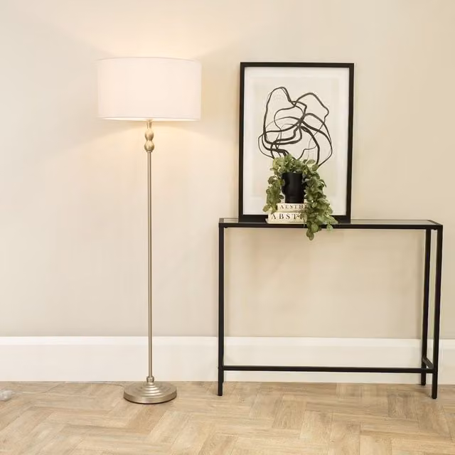 ValueLights Maggie Brushed Chrome Silver Floor Lamp with White Fabric Shade