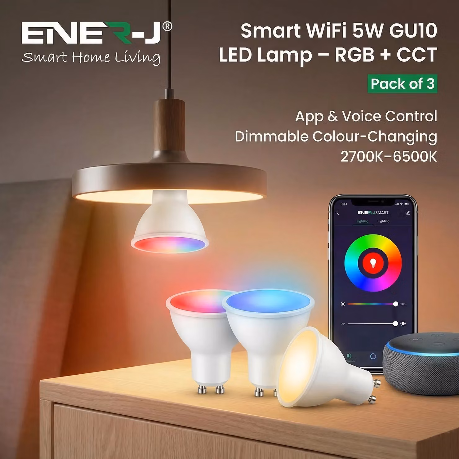 ENER-J Smart Wi-Fi GU10 LED Spotlight Bulb, 5W Dimmable RGB+W+WW Multicolour Lamp in White – 3