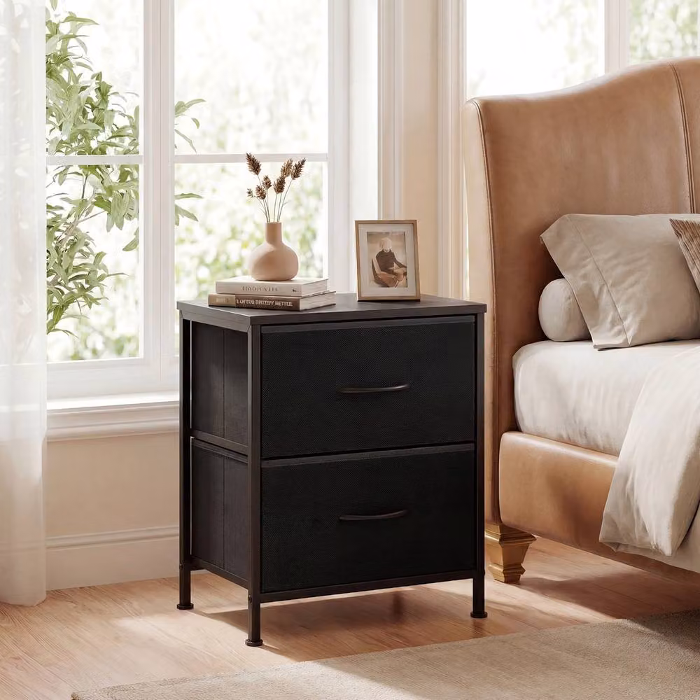 Costway Set of 2 Black Nightstands with 2 Fabric Drawers and Metal Frame – 5