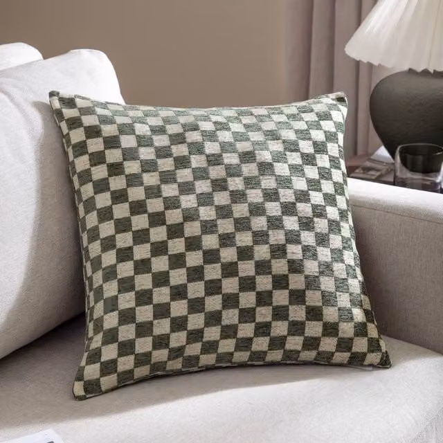 HOEM Larro Chenille Checkerboard Decorative Cushion, Green, Multicolour, Beige, W/D/H: 45 x 45 x 45 cm – 1