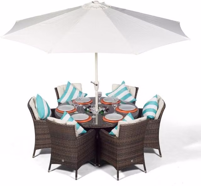 Giardino Savannah Round Rattan Patio Dining Set with Ice Bucket Drinks Cooler in Brown, 6 Seater