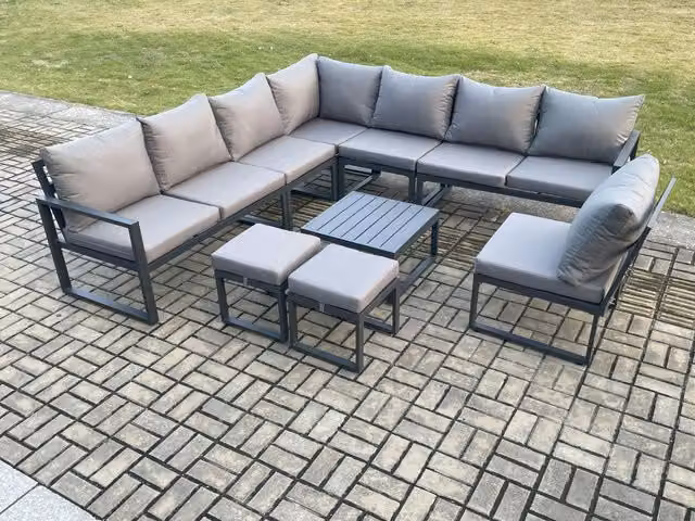 Fimous 10 Seater L-Shape Outdoor Garden Furniture Set in Dark Grey with Powder Coated Aluminium Frame, Square Coffee Table and 2 Ottomans