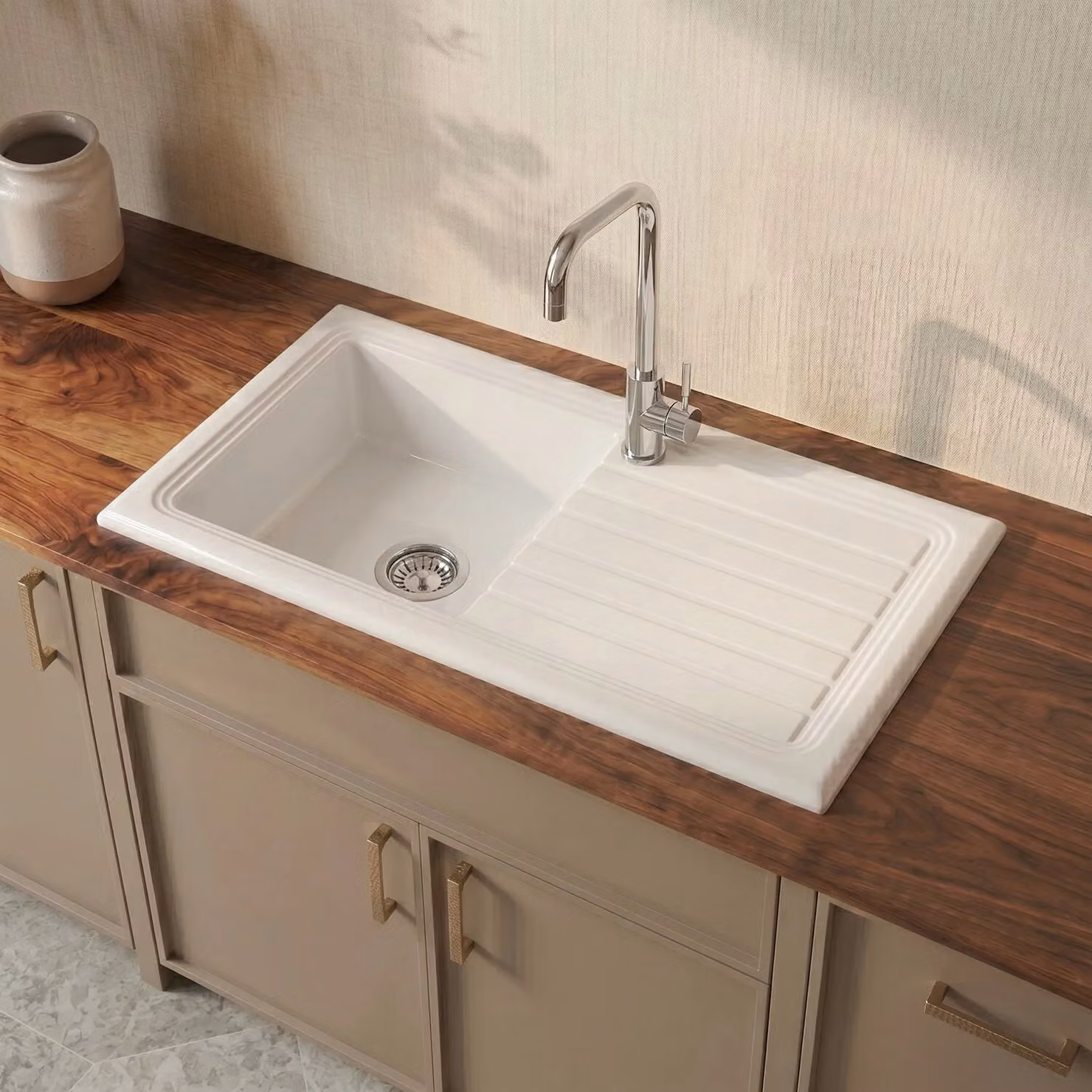 Balterley Single Bowl Fireclay Inset Kitchen Sink and Drainer with Waste, White, W: 101.0 cm, D: 52.5 cm, H: 25.0 cm – 4