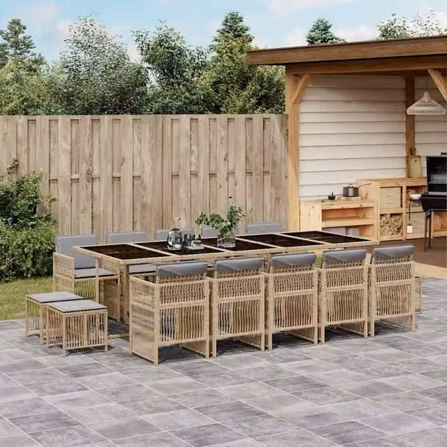 Berkfield Home 15 Piece Extendable Garden Dining Set with Beige Cushions and Poly Rattan Design – 1