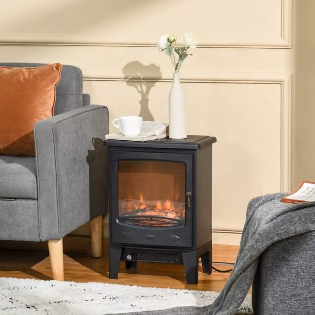 HOMCOM Electric Fireplace Stove Heater with Realistic Flame Effect in Black
