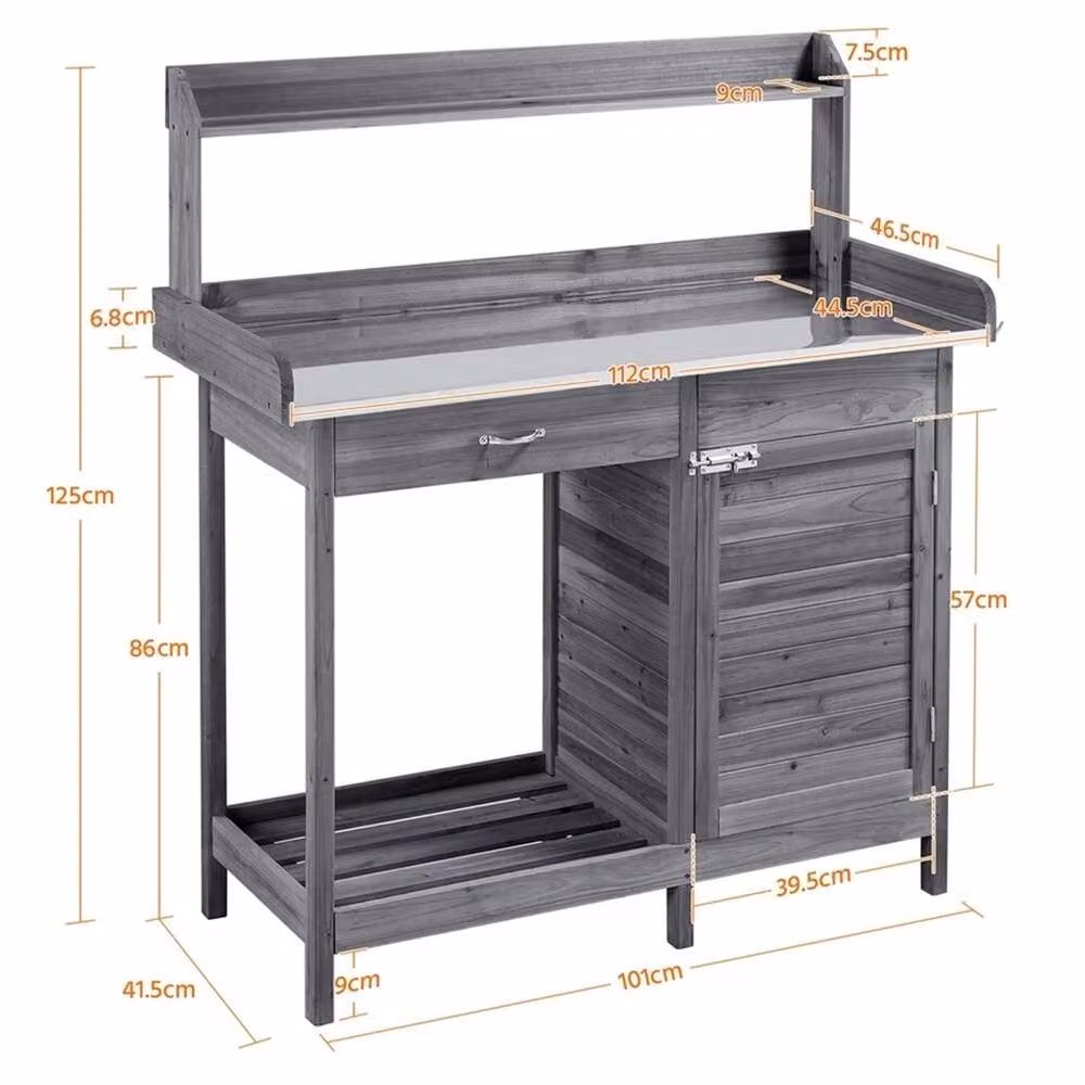 EONLION Grey Rustic Wood and Metal Garden Potting Bench Table, Width: 100 cm – 2
