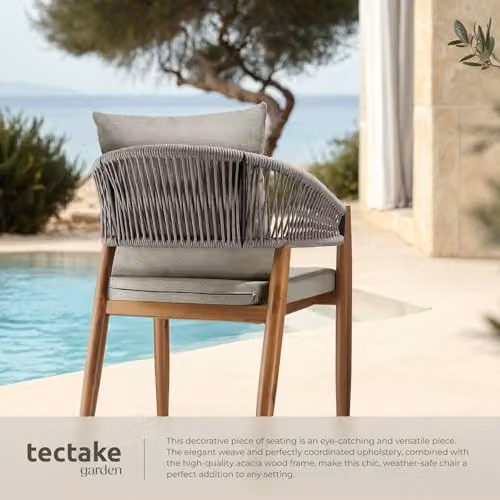 tectake Set of 2 Rustic Acacia Wood Garden Chairs in Brown with Beige Fabric, H 76.5 x W 58.0 x D 59.0 cm – 2