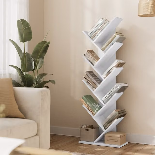VASAGLE 9-Tier Tree Corner Bookshelf, White, H 141.5 x W 25.0 x D 25.0 cm