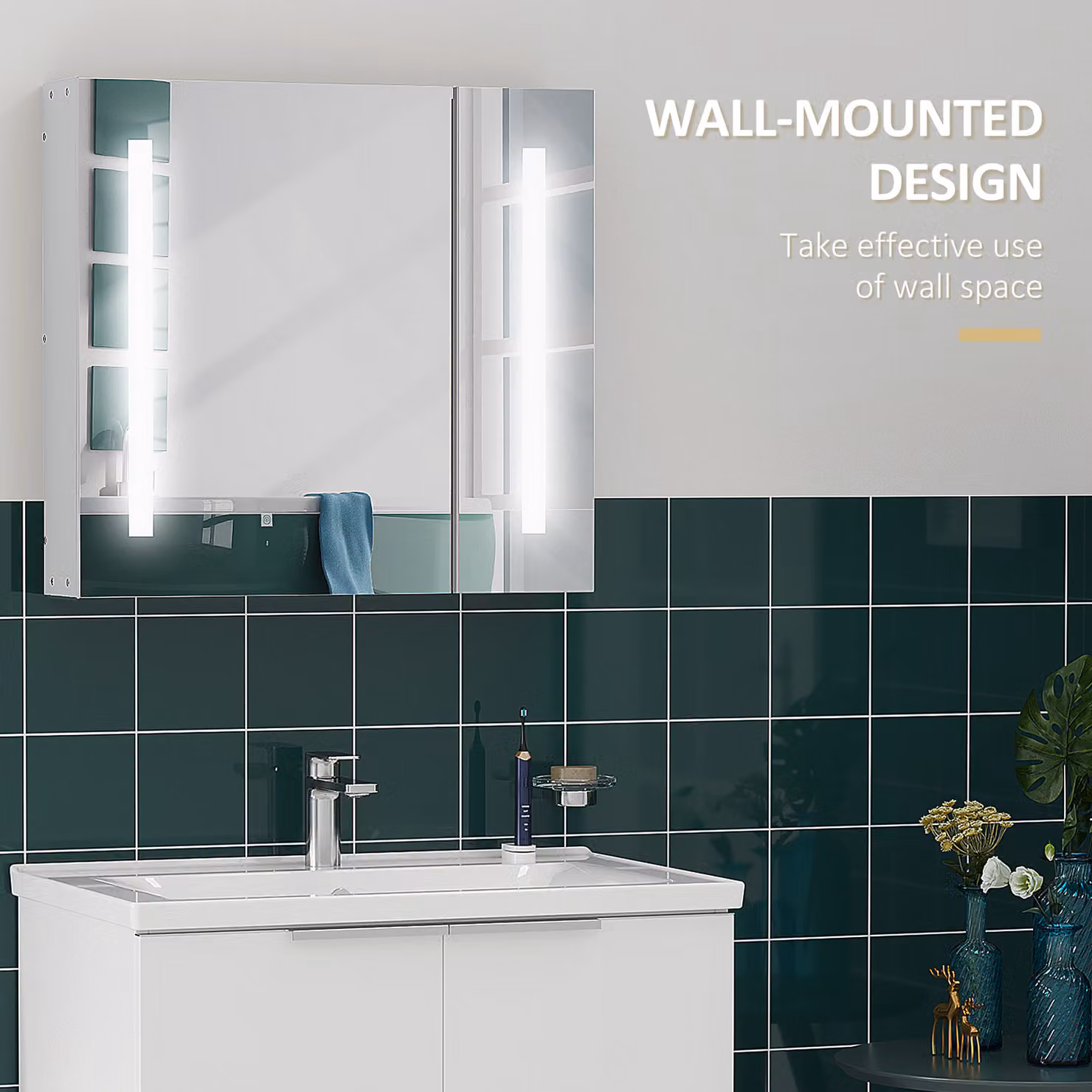kleankin Illuminated Wall-Mounted Bathroom Cabinet with LED Mirror, USB Charging and Sensor Switch, Pristine White – 2