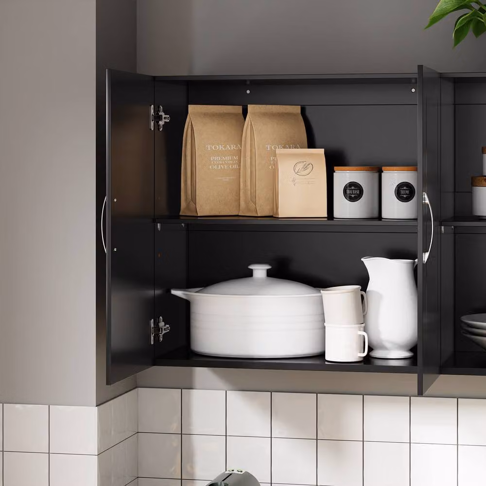 SoBuy Modern Wall-Mounted Storage Cabinet with Soft-Close Hinged Doors and Internal Shelves, Black, Width: 90 cm – 3