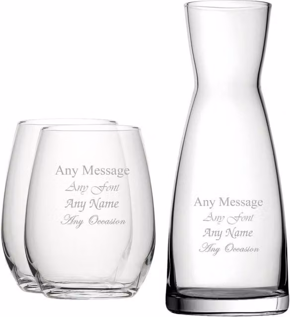 Uniqueful Personalised Set of 2 Stemless Wine Glasses and Contemporary Carafe in Clear Lead-Free Crystal Glass