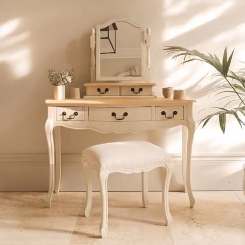 Statement Furniture Juliette Dressing Table Set with Trinket Mirror and Upholstered Stool in Beige and White