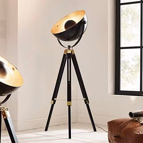 Eglo Covaleda Industrial Tripod Floor Lamp in Black and Gold/Brass, H 164 cm x W 55 cm x D 55 cm – 2
