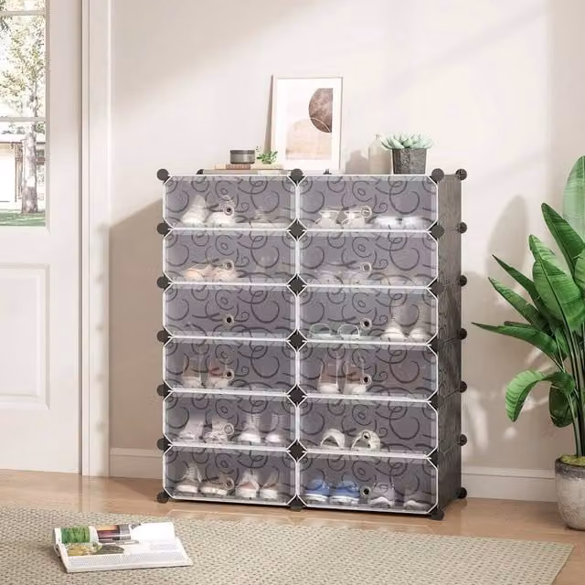 KORVIXA 12 Cube Plastic Shoe Storage Cabinet in Black, Width: 100 cm