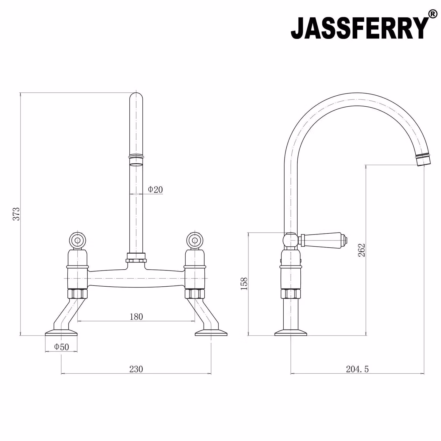 JASSFERRY Traditional Two-Handle Bridge Kitchen Mixer Tap with White Ceramic Levers in Chrome and Silver – 2