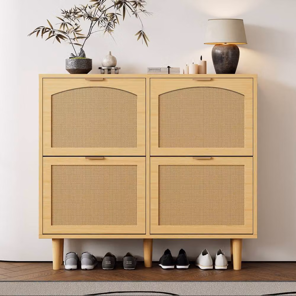 BTM Rattan Slim Shoe Cabinet with Storage Drawers and Hinged Doors in Light Oak – 2