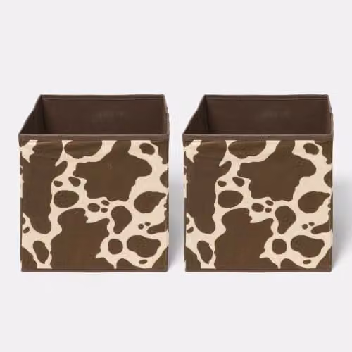 OHS Set of 2 Cow Print Collapsible Fabric Storage Boxes in Brown and White – 1