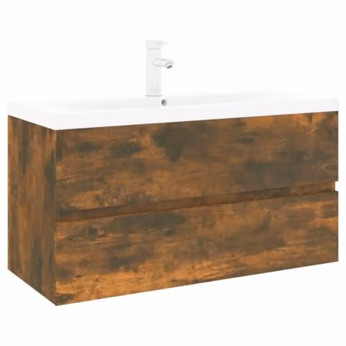 vidaXL Modern Wall-Mounted Sink Cabinet with Built-in Basin in Smoked Oak, W: 90 cm, D: 38.5 cm, H: 45 cm