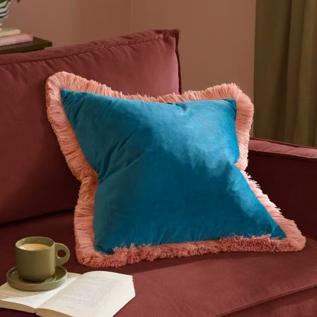 Furn Halo Fringed Velvet Cushion in Petrol Blue, W x D: 50 x 50 cm