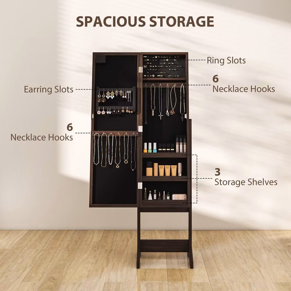 STILVORA Modern Jewellery Storage Cabinet with LED Lighting and Glass Doors in Brown – 5