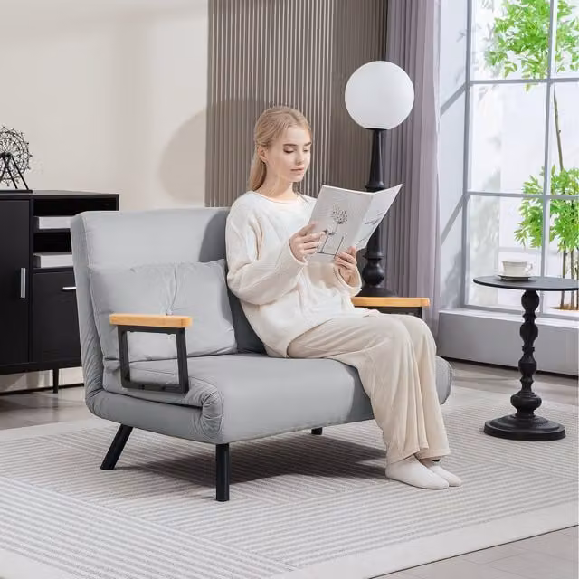 HOMCOM Convertible Single Chair Bed Settee with Armrests in Light Grey Velvet Fabric