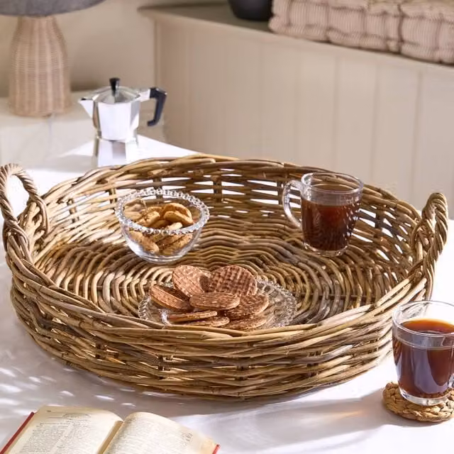 Dibor Natural Rattan Large Decorative Rectangular Tray with Handles, Brown, W: 61 cm, L: 40 cm, H: 19 cm