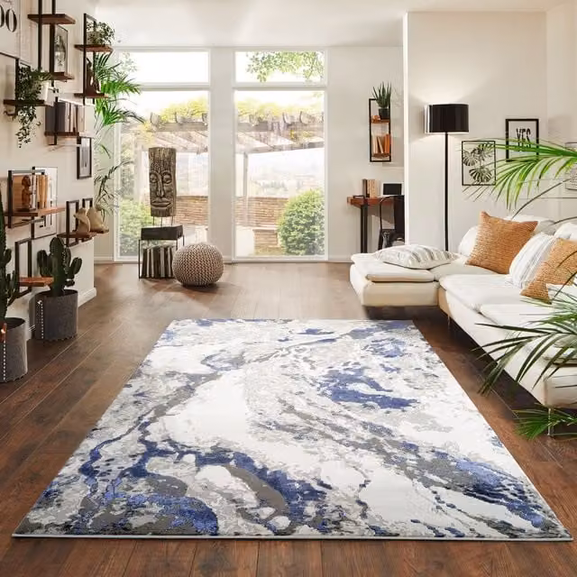 Modern Emperor Thick Abstract Area Rug in Silver and Multicolour, 200 cm