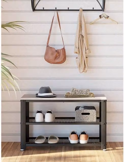 VASAGLE Rustic Brown Shoe Bench with 2 Shelves, W/D/H: 90 x 30 x 73 cm