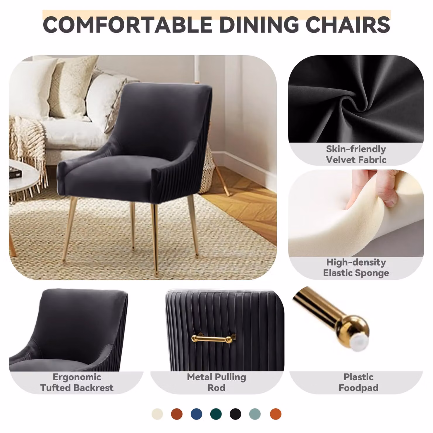 SEYNAR Set of 2 Modern Upholstered Velvet Dining Chairs with Gold Metal Legs in Black – 6