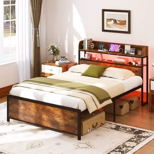 Costway Double Bed Frame in Brown with LED Lights, USB Charging Ports and Headboard, W/D/H: 140 x 200 cm