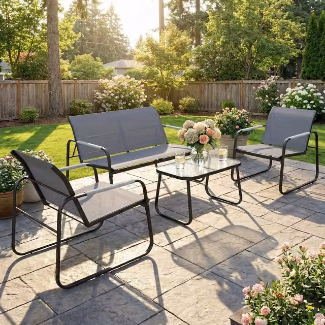 Outsunny Grey Rattan Garden Sofa Set with Loveseat, 2 Armchairs and Tempered Glass Table
