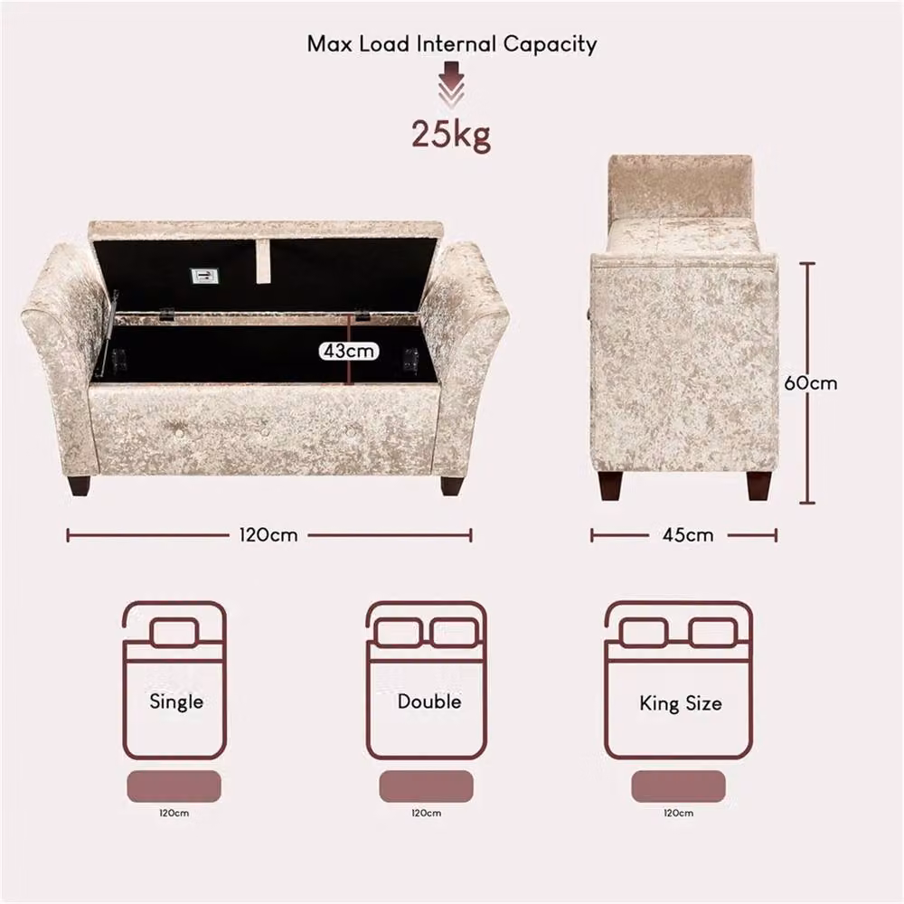 Nordara Champagne Velvet Storage Ottoman Seat Stool in Beige – 2
