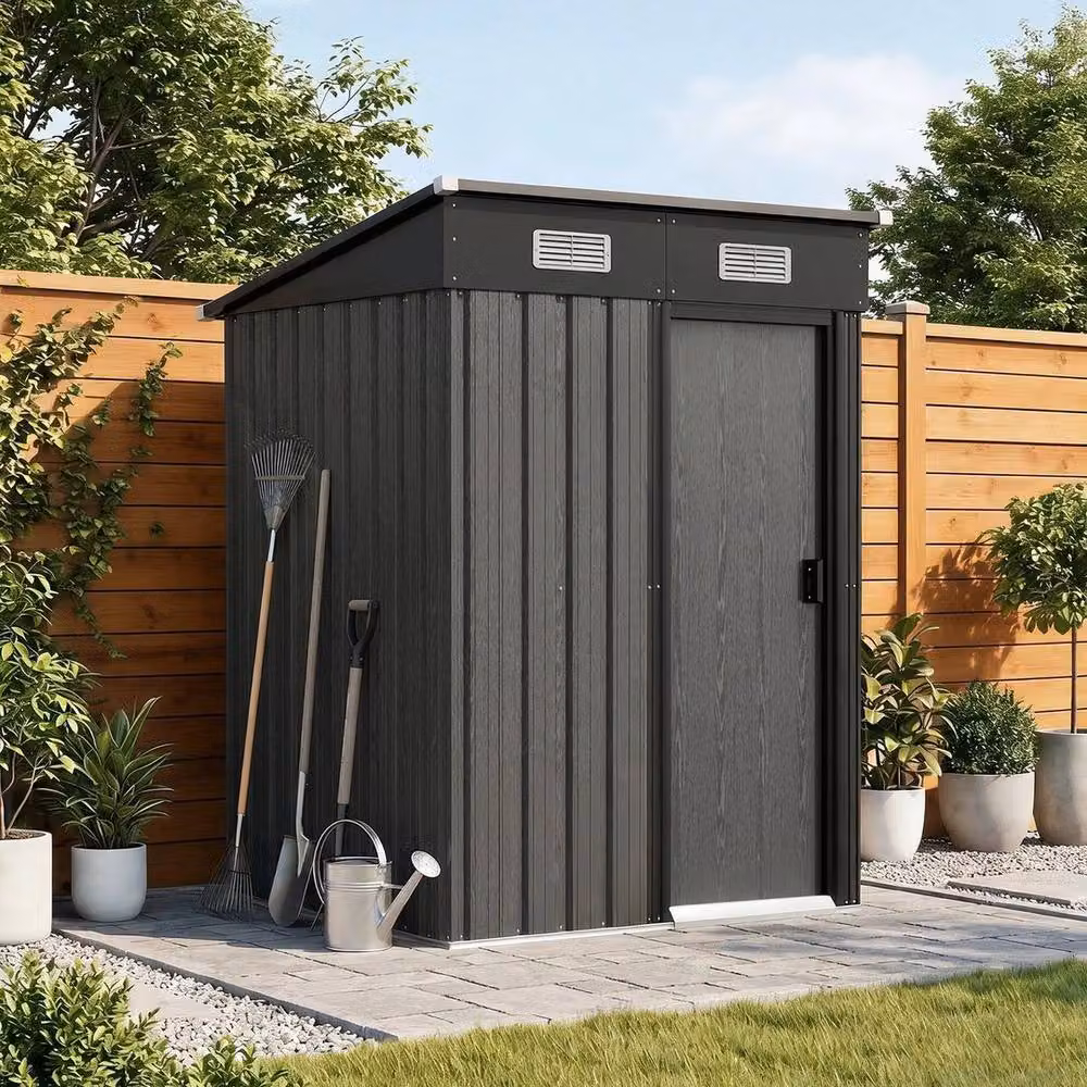 FORGEVIO Metal Garden Storage Shed with Double Doors in Dark Grey, W/D/H: 142 x 143 x 190 cm – 4